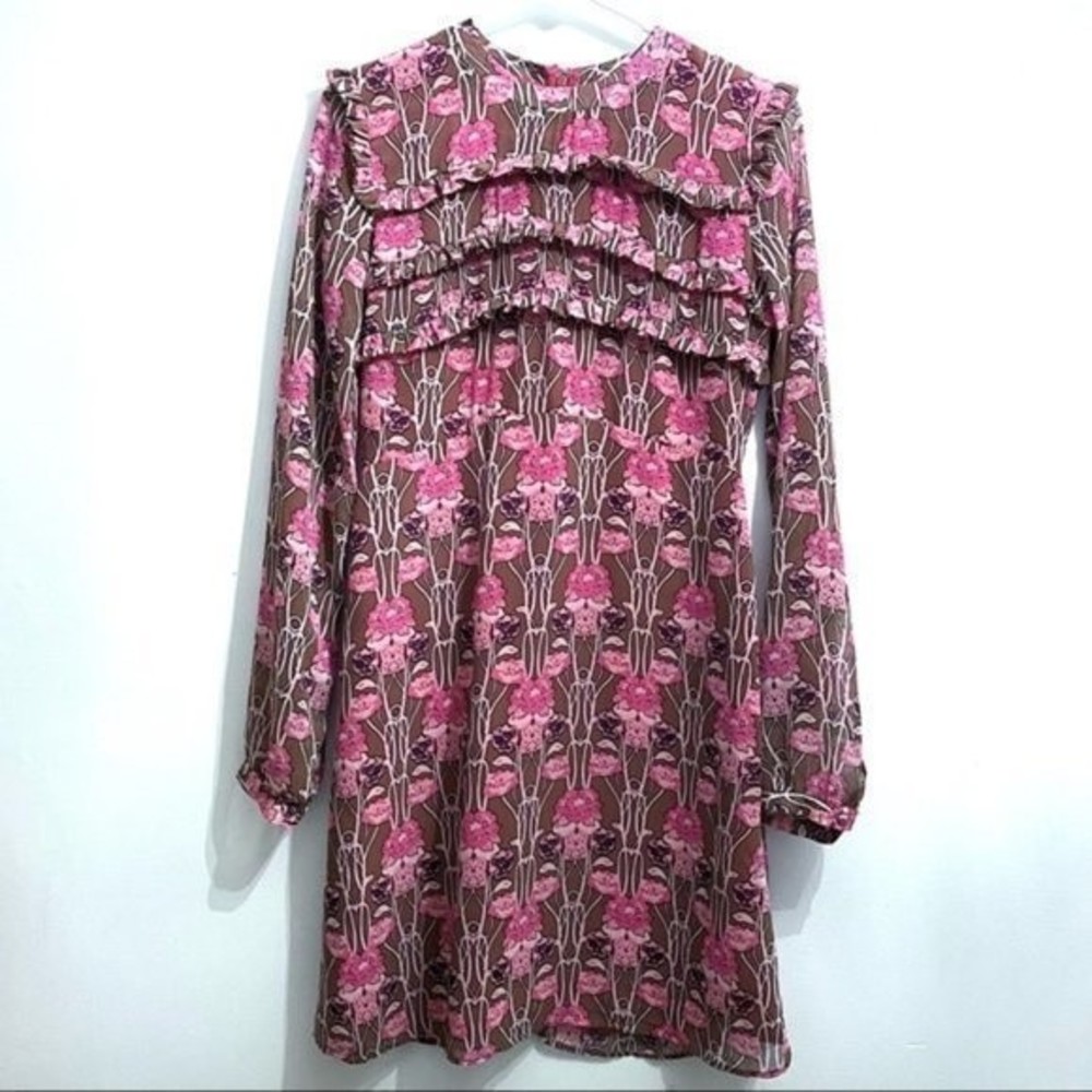 TOPSHOP Boho Women’s size 6 pink floral ruffle long sleeved dress 78B7